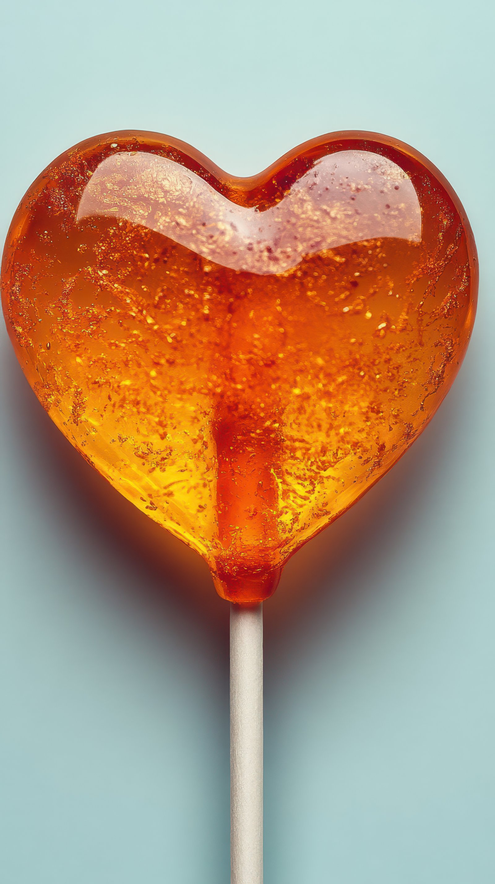 Heart-shaped lollipop in vibrant orange color against a light blue background